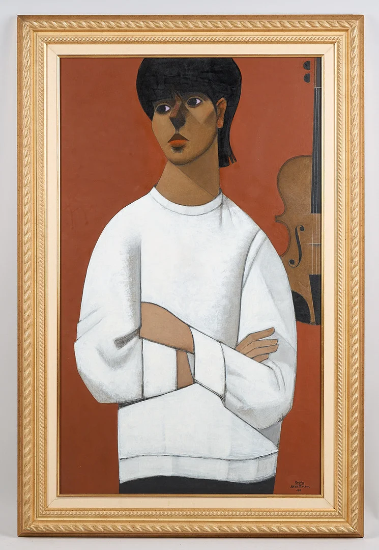 VEIKKO MARTTINEN. Violinisten, signerad samt daterad -90, olja på duk. — Paintings — Stockholms Auktionsverk Helsinki