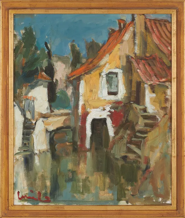 OLAVI LAINE. Landskap med hus, olja på duk, signerad.