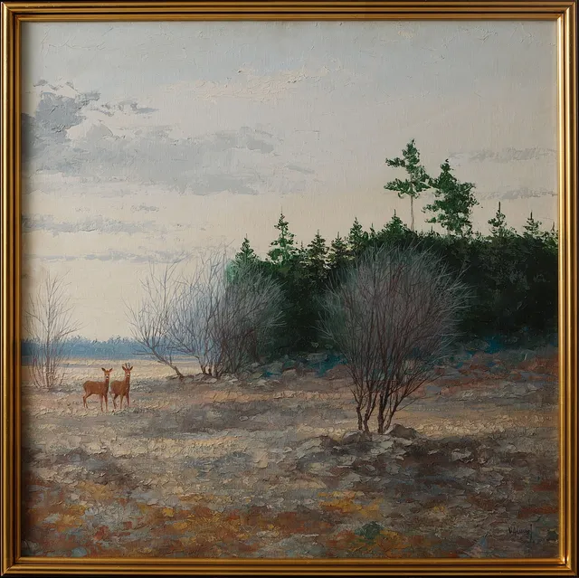ULF ÅLUND. Landskap med rådjur, olja på duk, signerad.