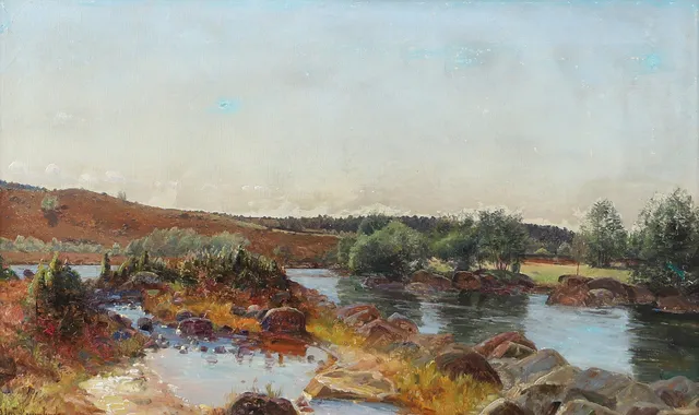 OLOF KRUMLINDE. Landskap med vatten, olja på duk, signerad.