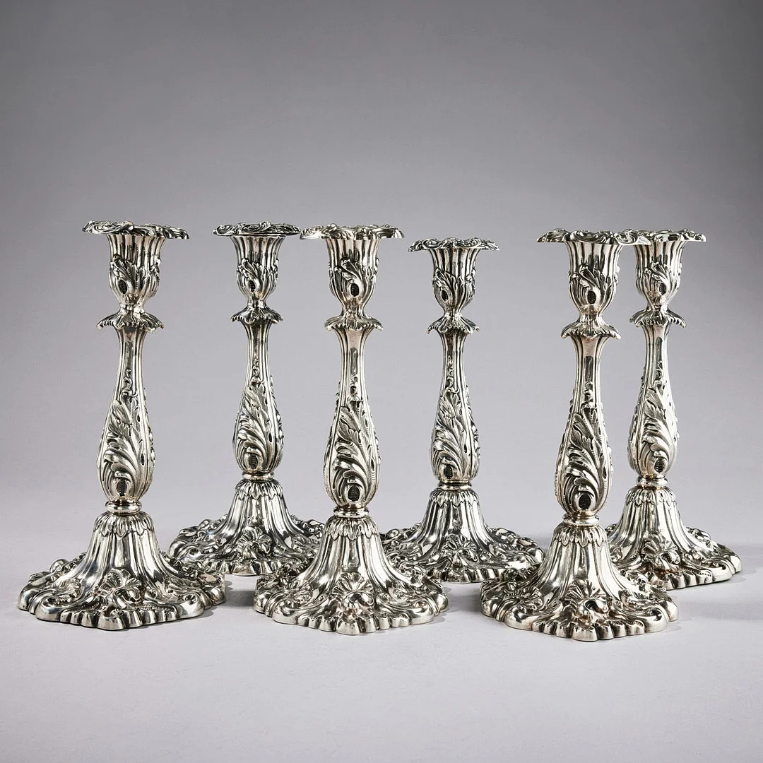CHRISTIAN HAMMER, ljusstakar 6 stycken (4+2), silver, Stockholm 1850. Nyrokoko. — Silver — Stockholms Auktionsverk Magasin 5