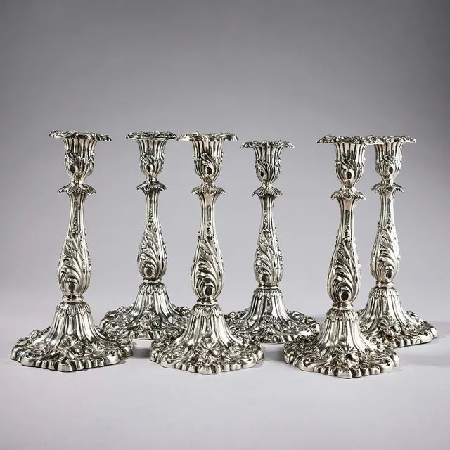 CHRISTIAN HAMMER, ljusstakar 6 stycken (4+2), silver, Stockholm 1850. Nyrokoko.
