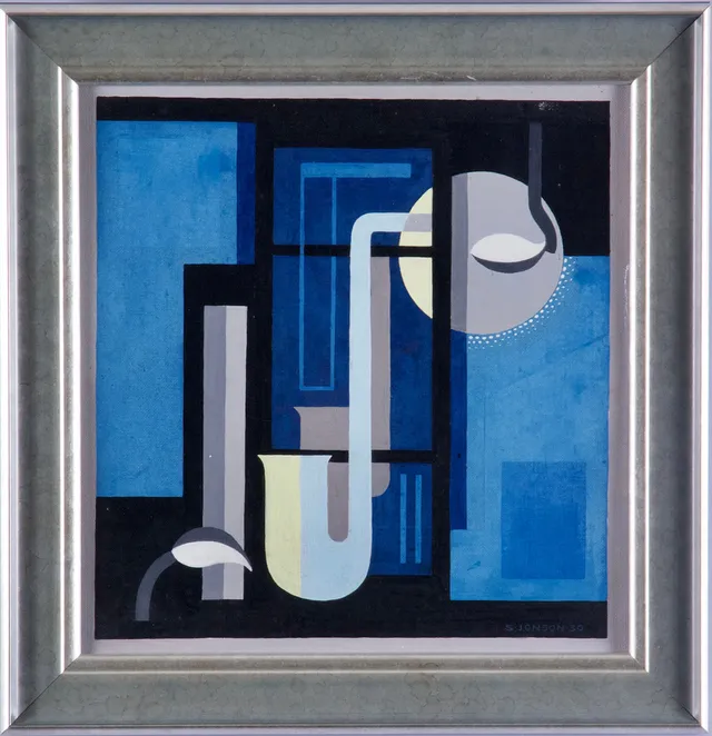 SVEN JONSON. Komposition med instrument, olja på pannå, signerad och daterad 1930.