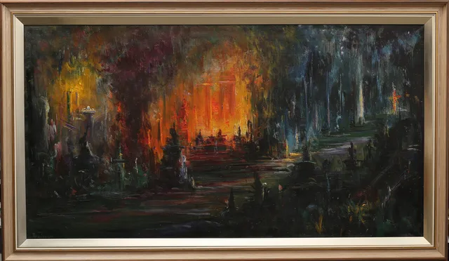 ARUP JENSEN. , olja på duk, brinnande arkitektur - nattbild, signerad. 1900-talets tredje fjärdedel.