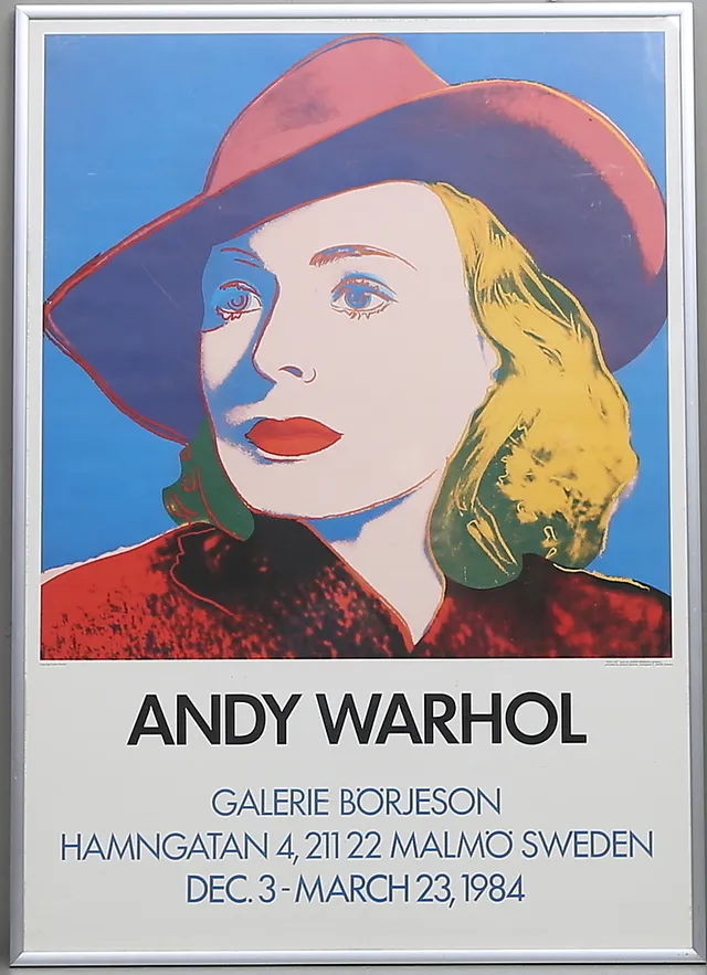 ANDY WARHOL. "With hat", från Ingrid Bergman portfolio. Galeri Börjeson, Malmö, 1984. Utställningsaffisch.