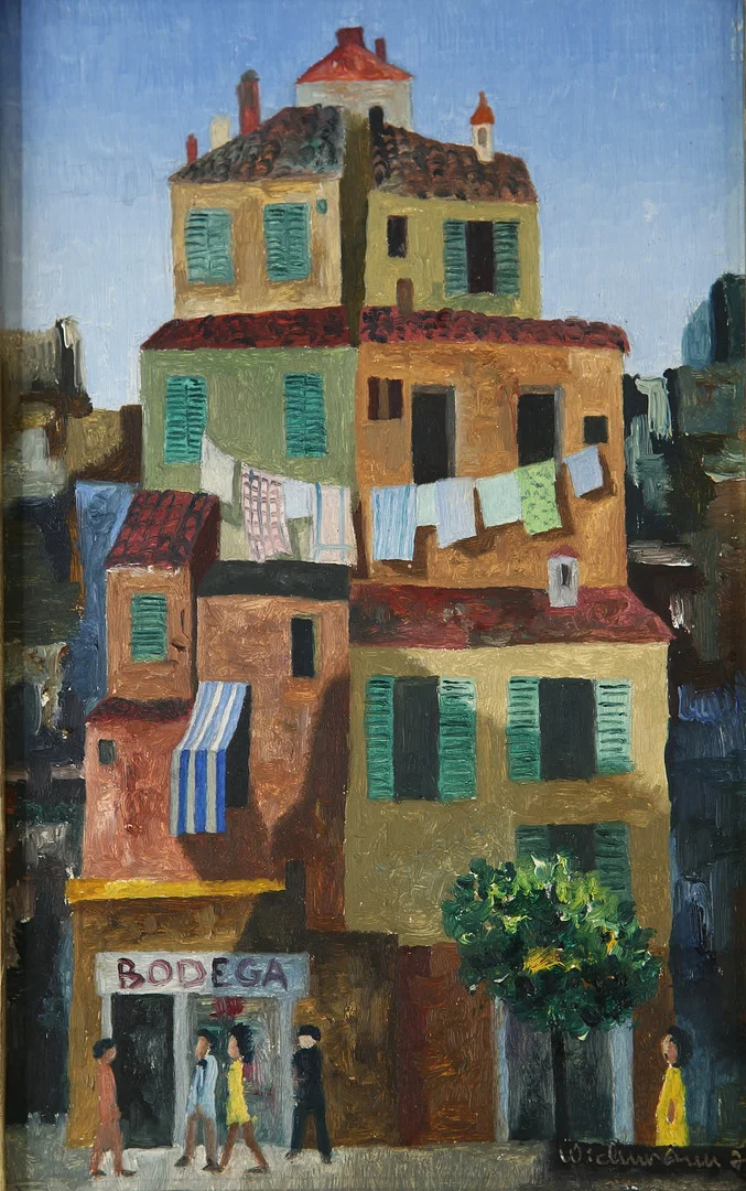 HARRY WICHMANN. "Spansk fasad", olja på pannå, signerad och daterad 1971. — Paintings — Auktionshuset Kolonn