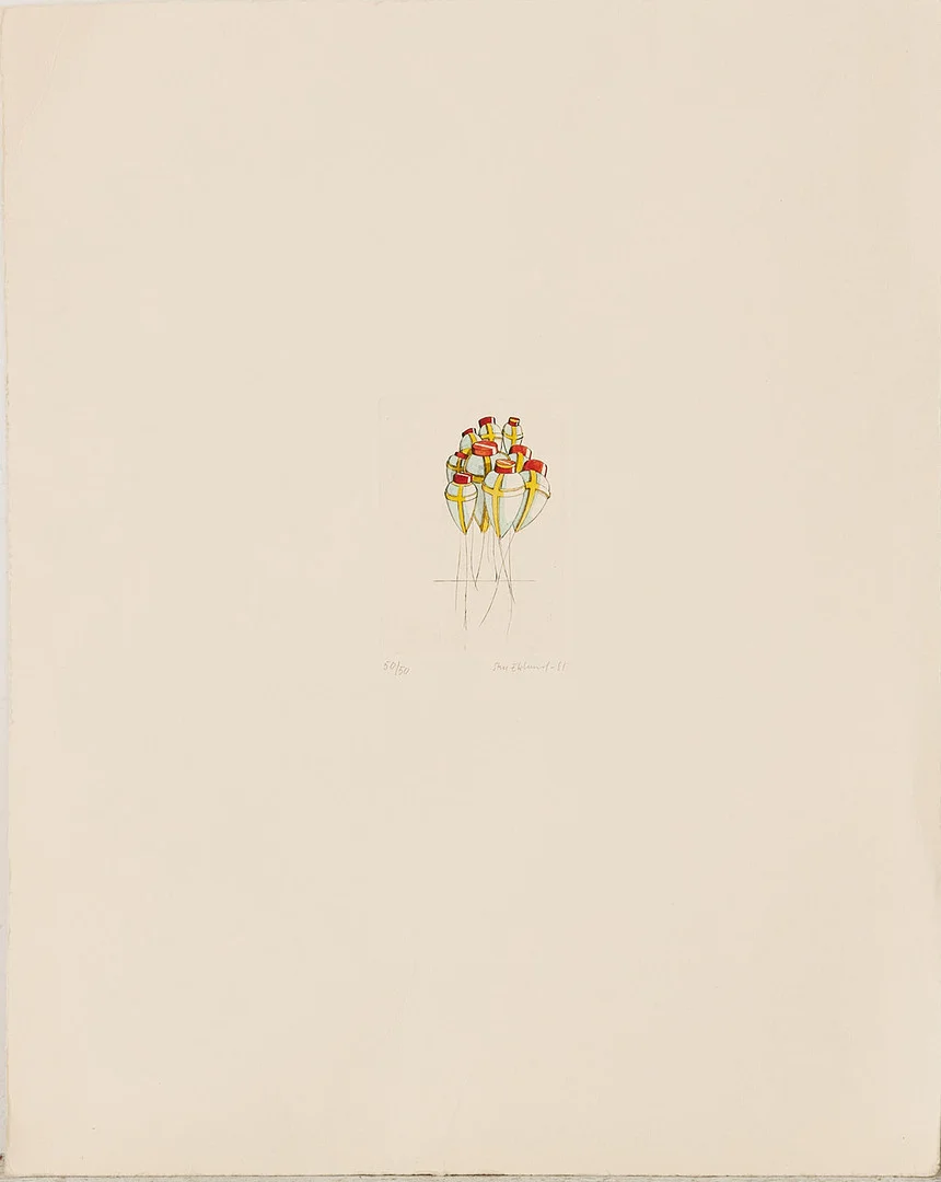 STEN EKLUND. Motiv med ballonger, handkolorerad etsning, signerad och numrerad 50/50, daterad 1981. — Engravings & Prints — Stockholms Auktionsverk Sickla