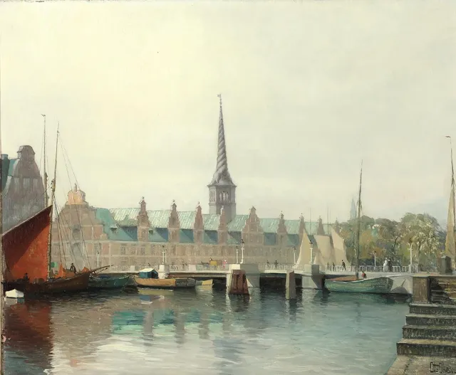 Otto Olsen: A view of The stock exchange “Børsen” in Copenhagen. Signed Otto Olsen. Oil on canvas. 42×50 cm.