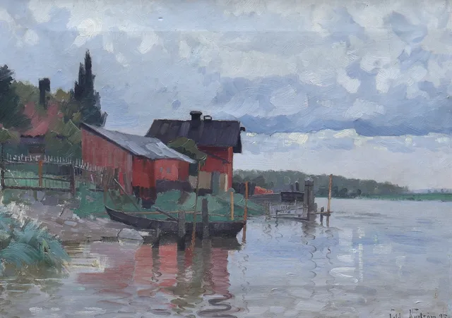 WALDEMAR NYSTRÖM (1864-1924). olja på duk, bryggor vid vatten, signerad, daterad -95.