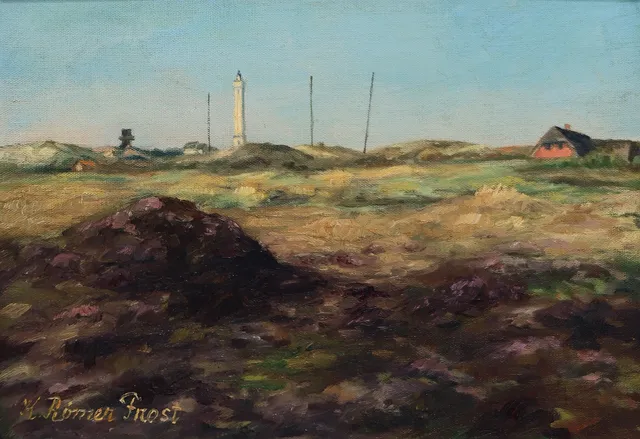 KAREN RØMER FROST (1891-1971). Motiv fra Blåvandshuk fyr, Danmarks vestligste punkt, olie på lærred, signeret.