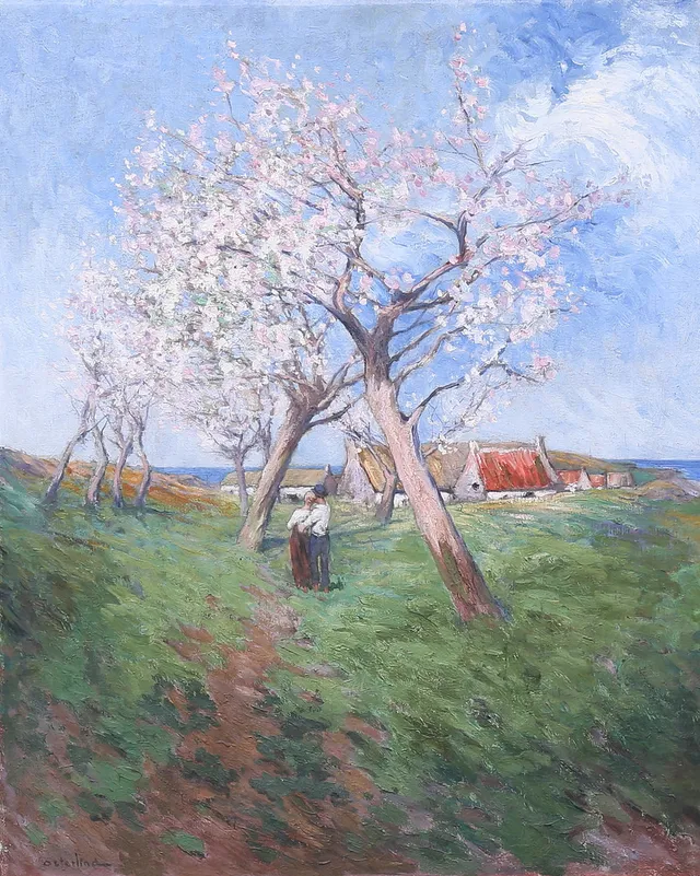 ALLAN ÖSTERLIND. Par vid blommande fruktträd. 0lja på duk, signerad.