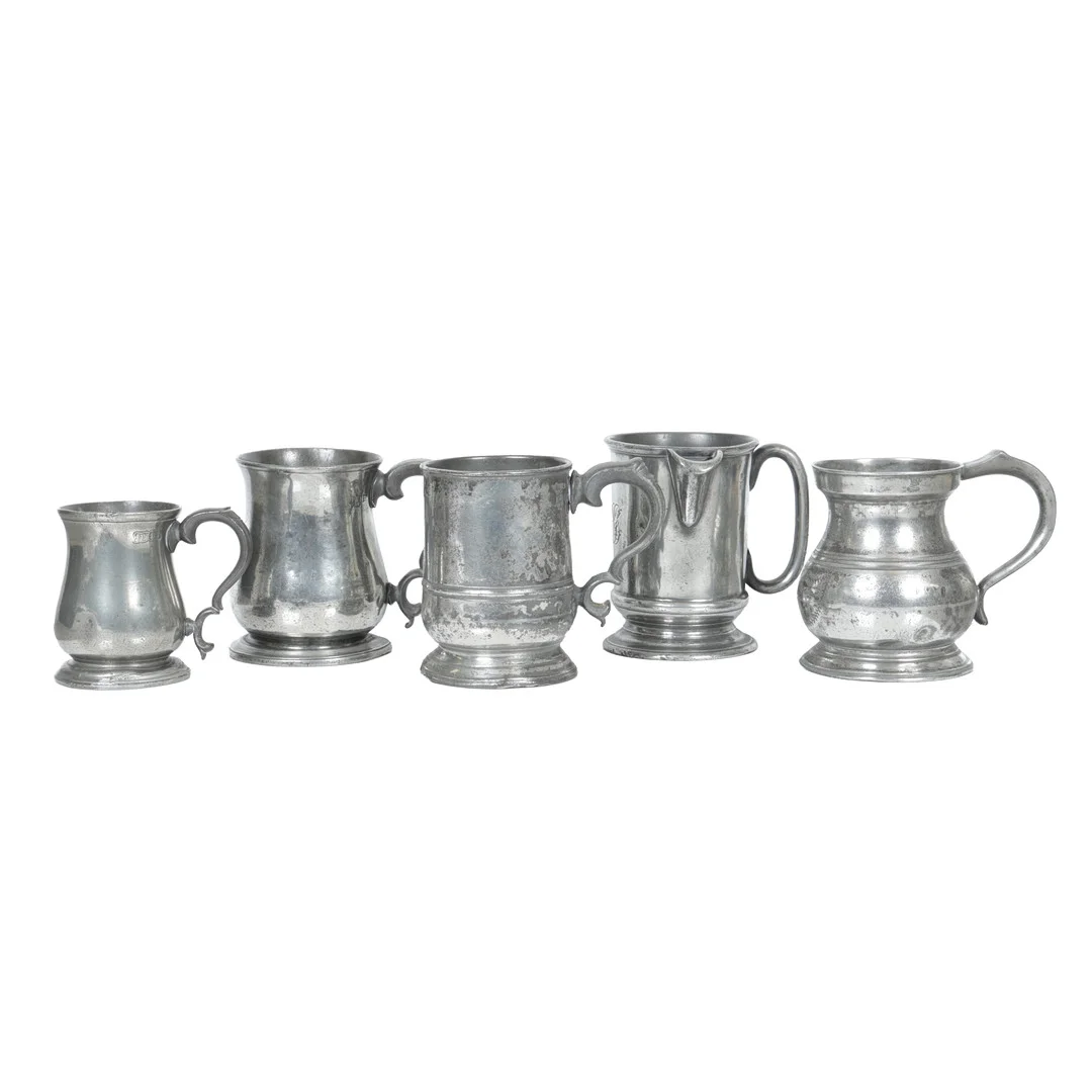 FIVE PEWTER TANKARDS (5). — Pewter, Brass & Copper — Bishop & Miller