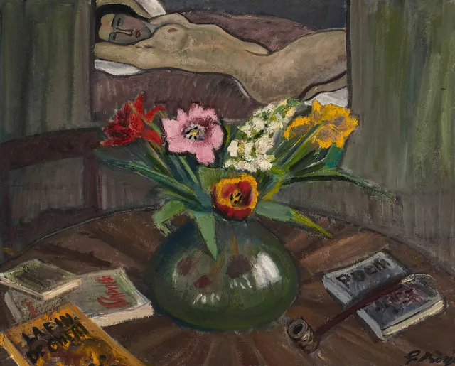 GIDEON BÖRJE (1891-1965), Stilleben med blomvas och Modigliani målning, signerad, olja på duk.