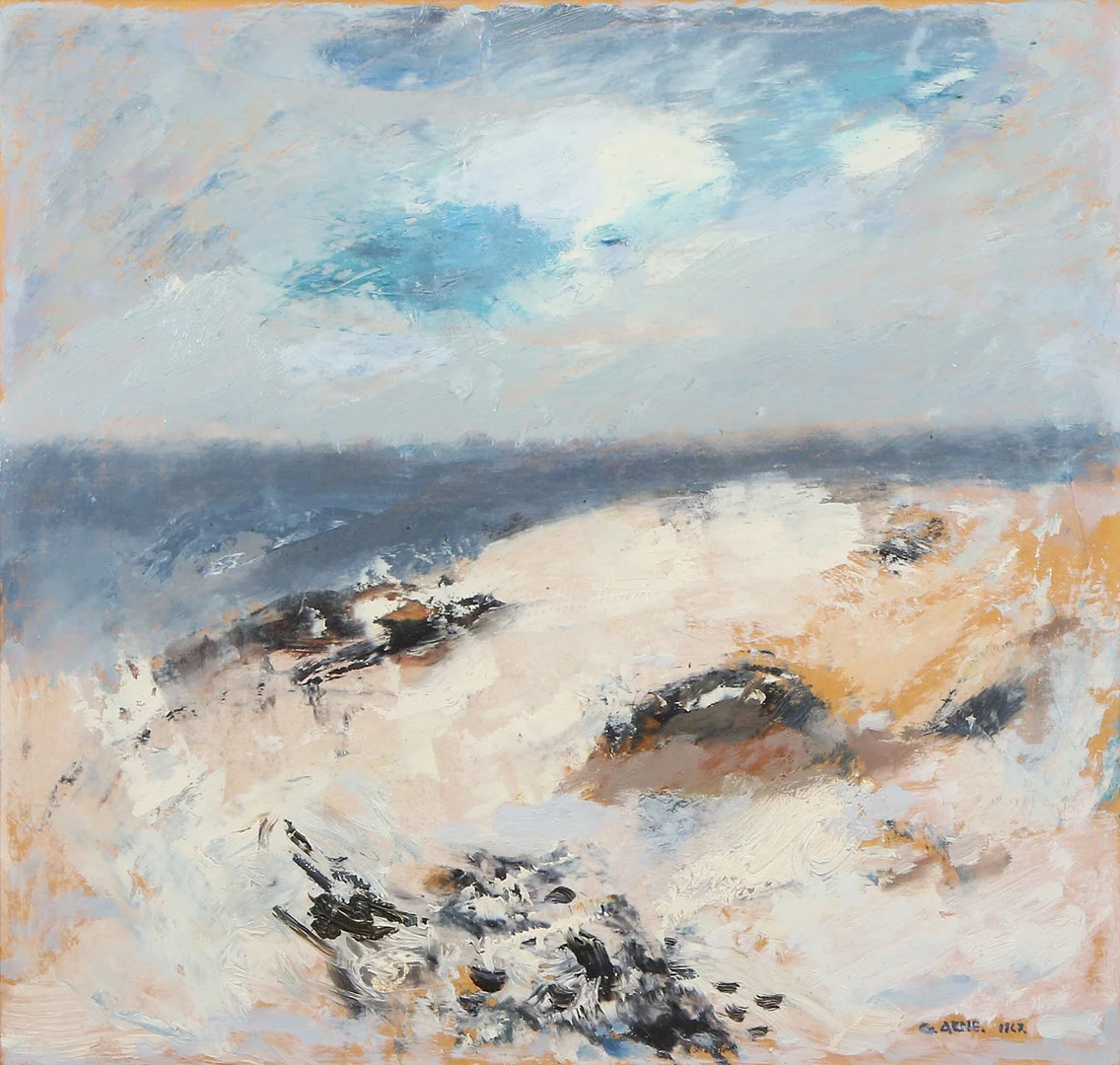 GUSTAV ARNE. Oljemålning på pannå. Kustmotiv, "Vinterdag 1967". Signerad och daterad 1967. — Paintings — Skånes Auktionsverk