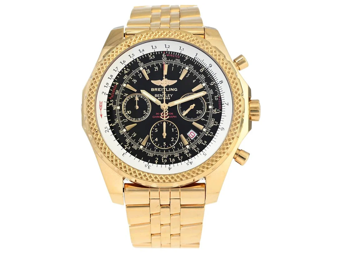BREITLING, for Bentley Motors, Chronometre, Cal 25 (2892A2), Verk nr. 712266, Serie nr. 037 / 712266, Ref nr. K25362, Boett nr. 1003 B3, kronograf, herrur, 48,7 mm, 18K guld, automatisk, safirglas, datum, vridbar räknesticka, heliumventil, Speedlänk, viklås, Ref nr. 970K, totalvikt 309,6 gram, cert, januari 2004. — Klockor/Breitling — Kaplans