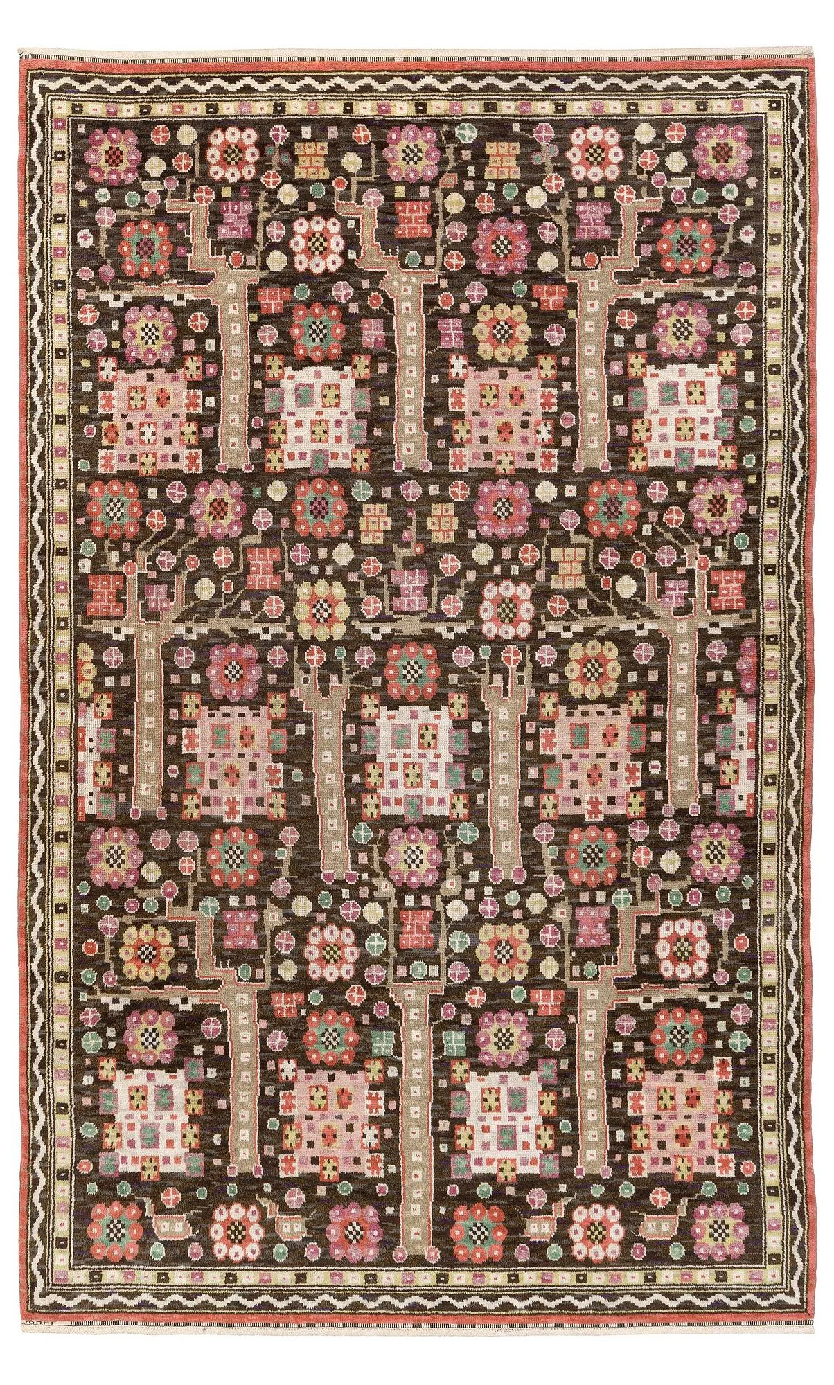 Märta Måås-Fjetterström, matta, "Svarta Trädgårdmattan", flossa, ca 356 x 220 cm, signerad AB MMF. — Bukowskis