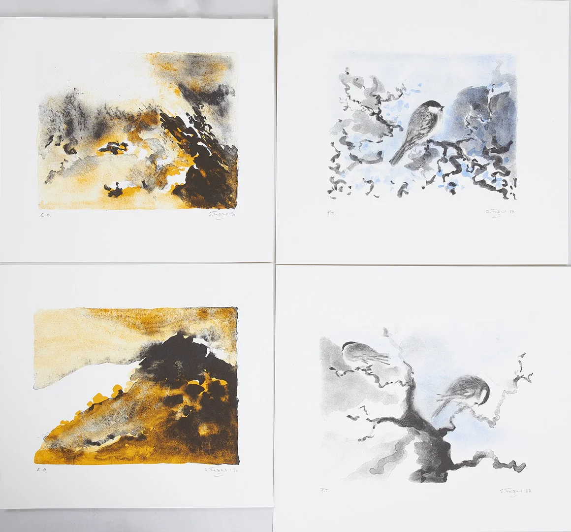 SIXTEN FAGER. kompositioner, 4 st, färglitografier, provtryck och EA-upplaga, fjällandskap samt motiv med fåglar, signerade samt daterade 87 och 90. — Engravings & Prints — Stockholms Auktionsverk Sickla