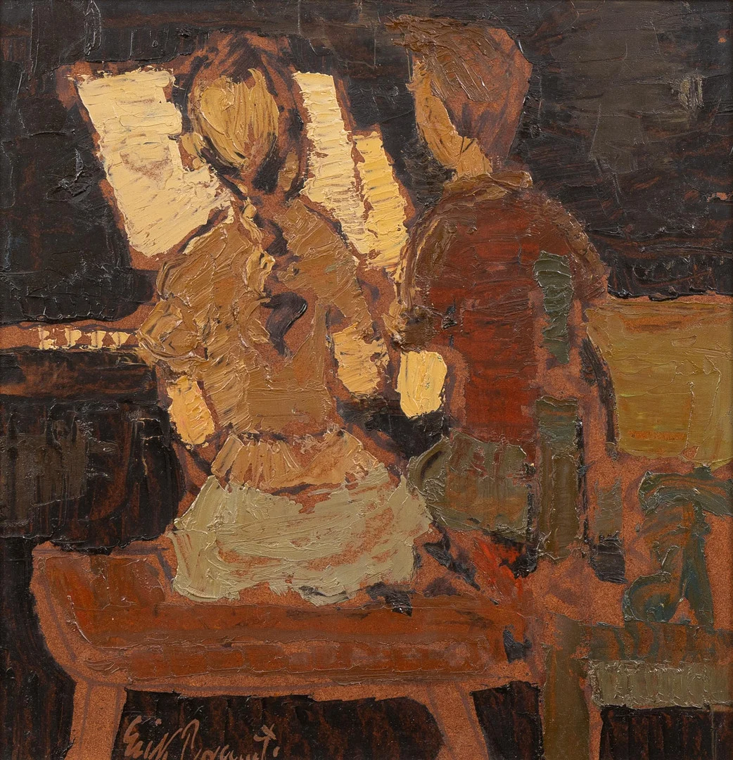 ERIK BRANDT. Vid pianot, olja på pannå, signerad. — Paintings — Garpenhus Auktioner