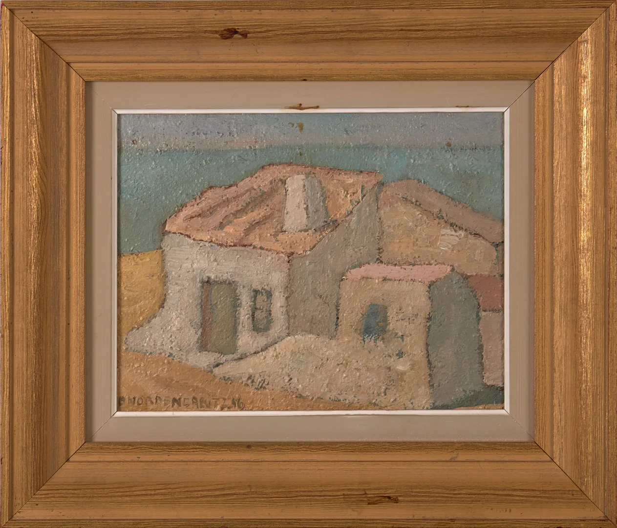 BRITA NORDENCREUTZ. Sydländska hus, olja och blandteknik på pannå, signerad B Nordencreutz, -46. — Paintings — Stockholms Auktionsverk Magasin 5