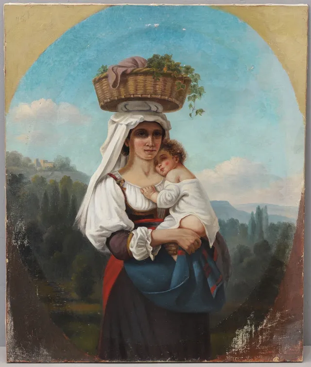 AMALIA LINDEGREN. Kopia efter, kvinna och barn, olja på duk.
