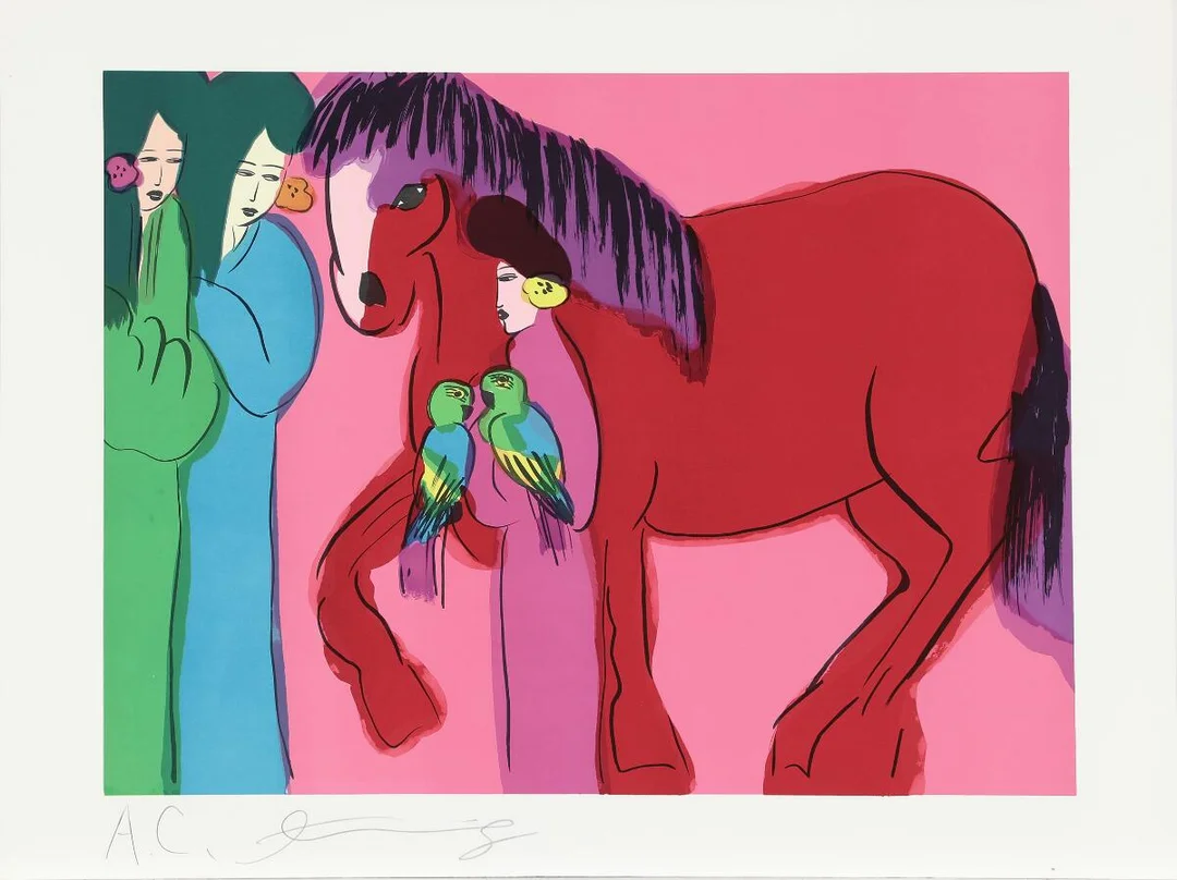 “Girls with red horse” and “6 geishas with flowers”. Both signed Ting, A.C. Lithograph in colours. Sheet size 54×73 cm. Unframed. (2) — Modern Prints/Modern art — Bruun Rasmussen
