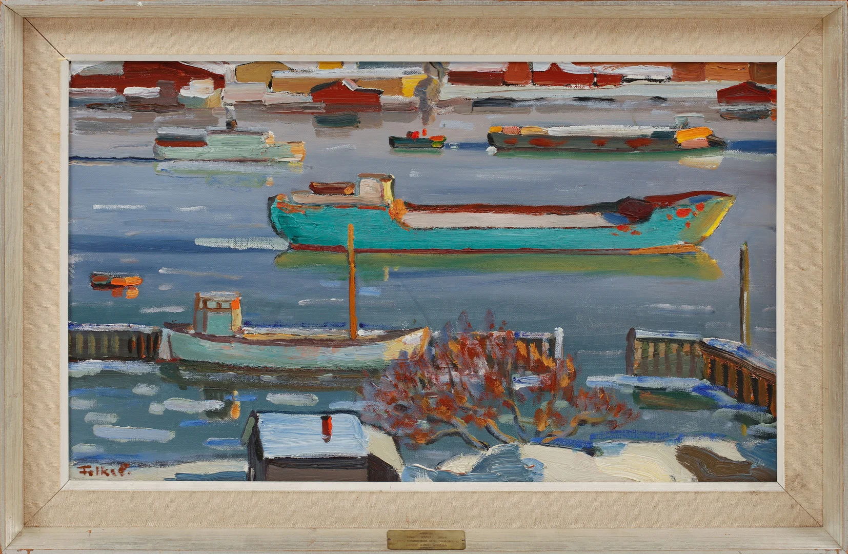FOLKE PERSSON. "Vinter i Färjenäs". Olja på duk, signerad a verso samt daterad 63-64 a tergo. — Paintings — Göteborgs Auktionsverk