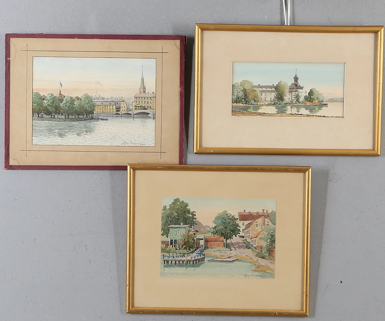 AUGUST LEONARD OLSSON. 3 st, Stockholmsmotiv, akvareller, signerade. — Paintings — Auktionshuset Kolonn