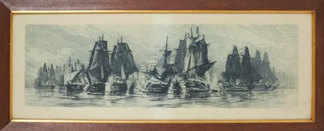 AXEL TALLBERG. "Slaget vid Trafalgar 1805 ", etsning, signerad.