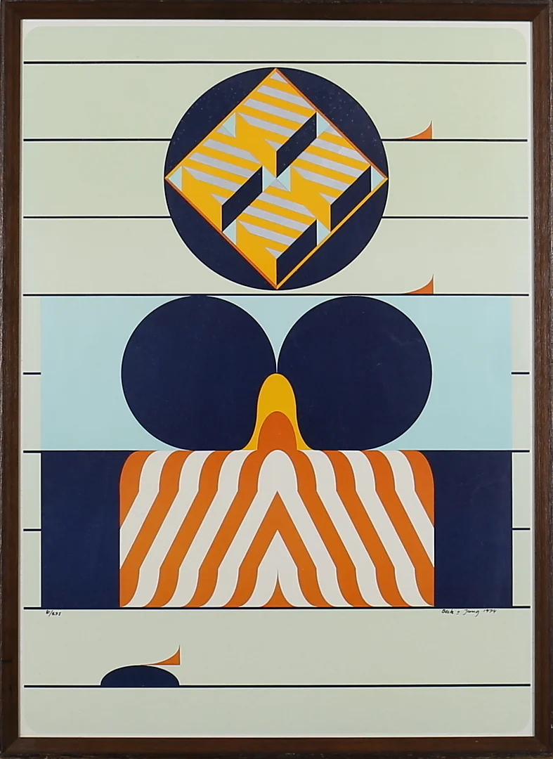 HOLGER BÄCKSTRÖM OCH BO LJUNGBERG. Komposition. Datorgrafik. Signerad Beck o Jung, daterad 1974 och numrerad, 81/275. — Engravings & Prints — Garpenhus Auktioner