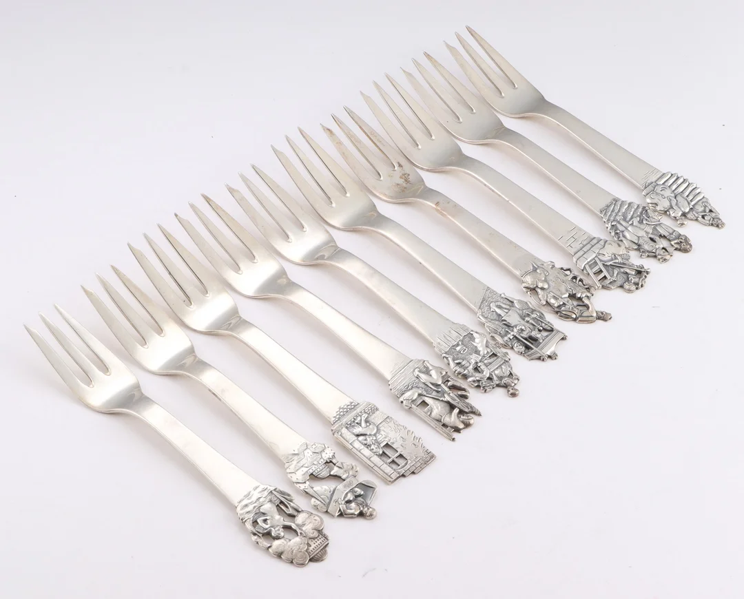 Horsens Silverware Factory. Children's silver forks from the 'Fairy Tale Series' (10) — Silver, bronze, copper and pewter/Silver flatware — Lauritz