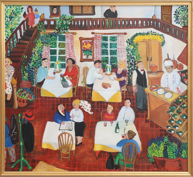 ANN-CHRISTINE JENSMAR 1954-. OLJA PÅ DUK, "PÅ RESTAURANG", SIGNERAD, O. 1990.