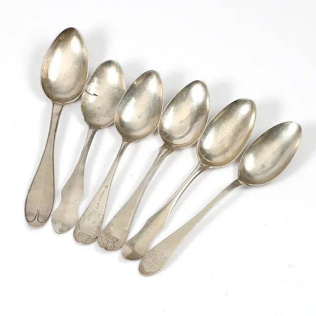 SKEDAR, 6 st. silver, bl.a. Petter Sellstedt (1764-1810), Sundsvall, 1803.