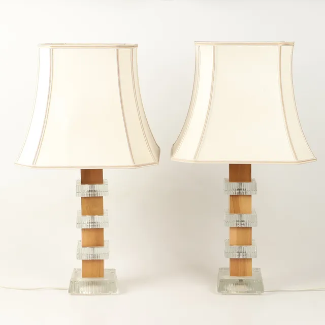 BORDSLAMPOR, 1 par, teak/glas, 1970-tal.