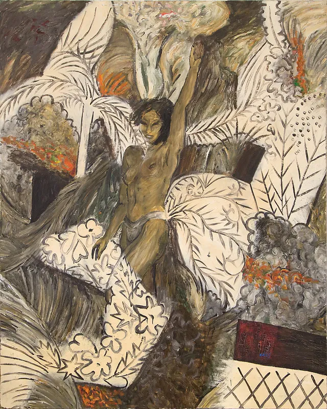 OLLE KÅKS. "Karneval", olja på duk, signerad, 1984, utställd 1985 på Moderna Museet , Stockholm.