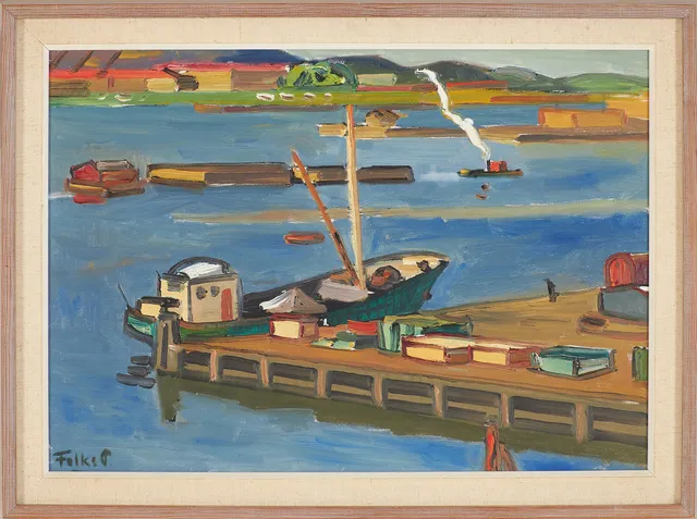 FOLKE PERSSON (1905-1964), båtar i hamn, olja på duk, signerad.