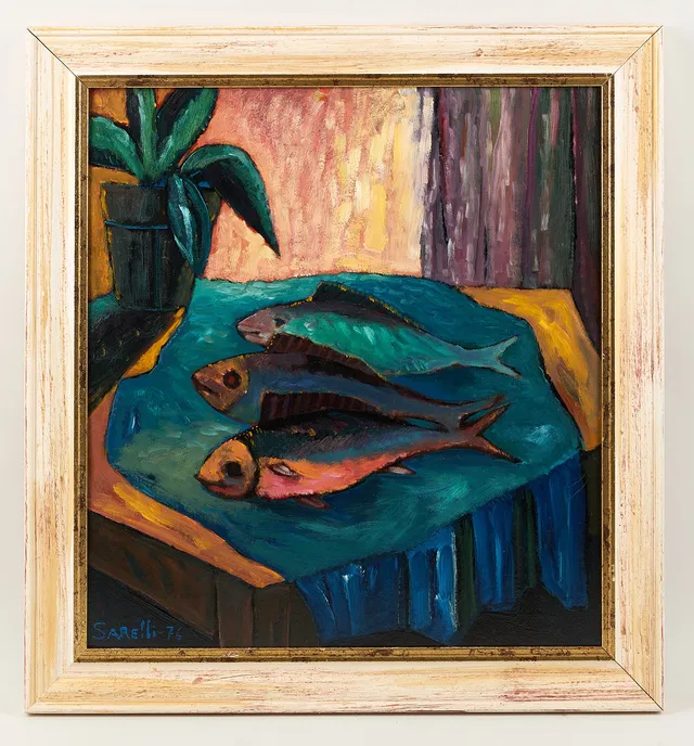 PAAVO SARELLI (1924-2007). Stilleben med fiskar, signerad samt daterad -76, olja på pannå.