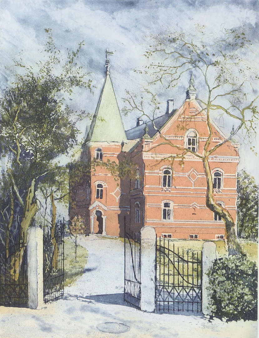 JOSEF SCHIBLI. Hus med öppen grind, etsning, signerad. — Engravings & Prints — Helsingborgs Auktionskammare