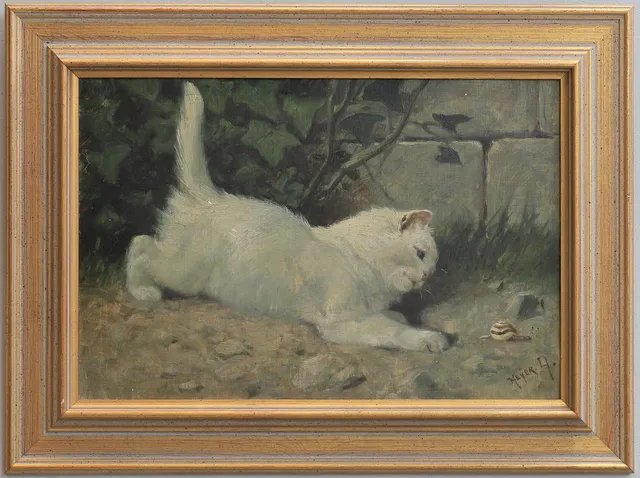 ARTHUR HEYER (1872-1931). Olja på pannå, Angorakatt lekandes med snigel, signerad Heÿer. A.