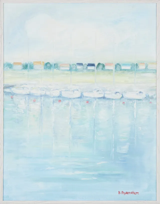 BÖRJE FRYKENSTAM (1936-2021). Segelbåtar i hamn, olja på duk.