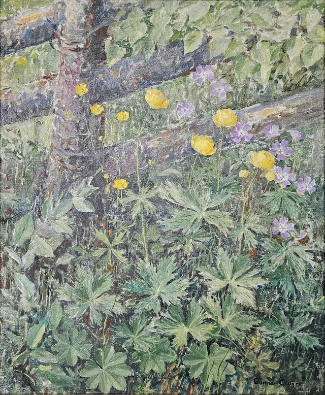 GUNNAR CLOVÉN. Blommor och staket. Olja på duk, signerad Gunnar Clovén.
