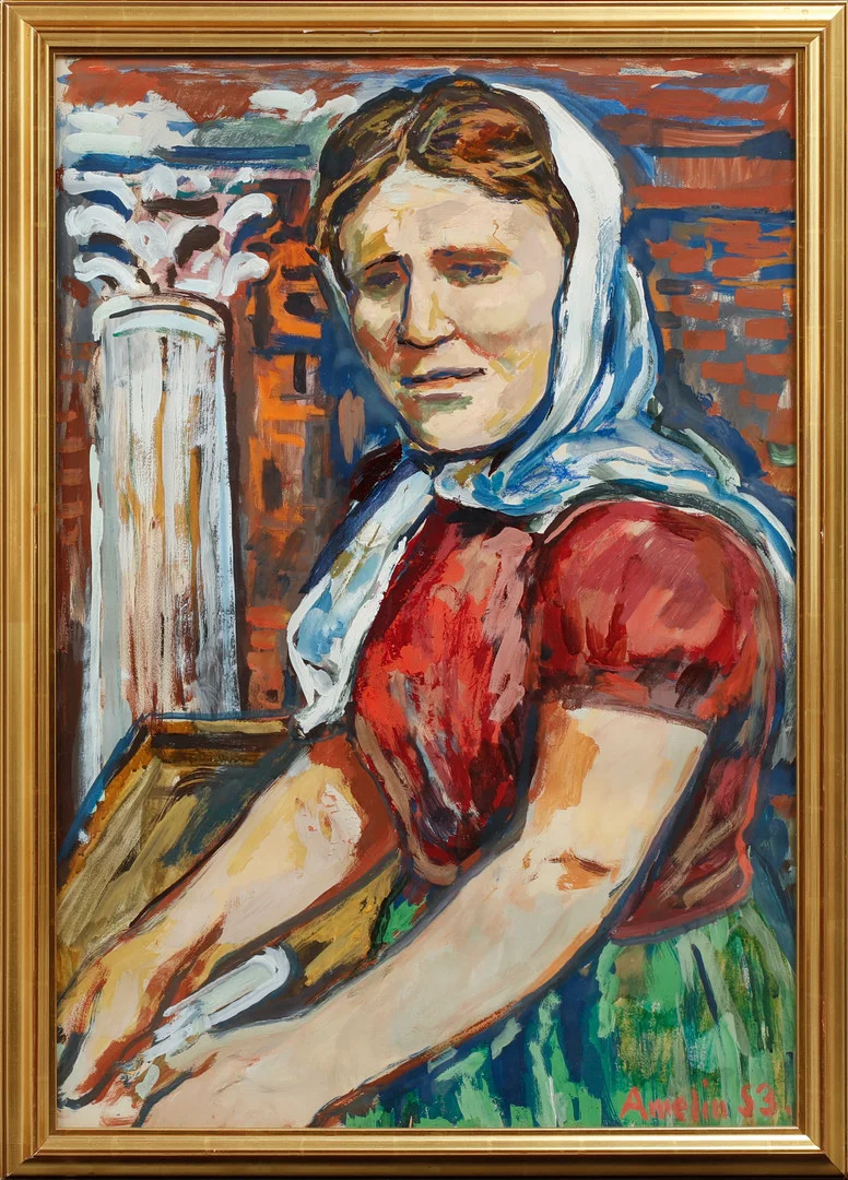ALBIN AMELIN. Porträtt av kvinna, olja och gouache på papper, signerad och daterad 53. — Paintings — Göteborgs Auktionsverk