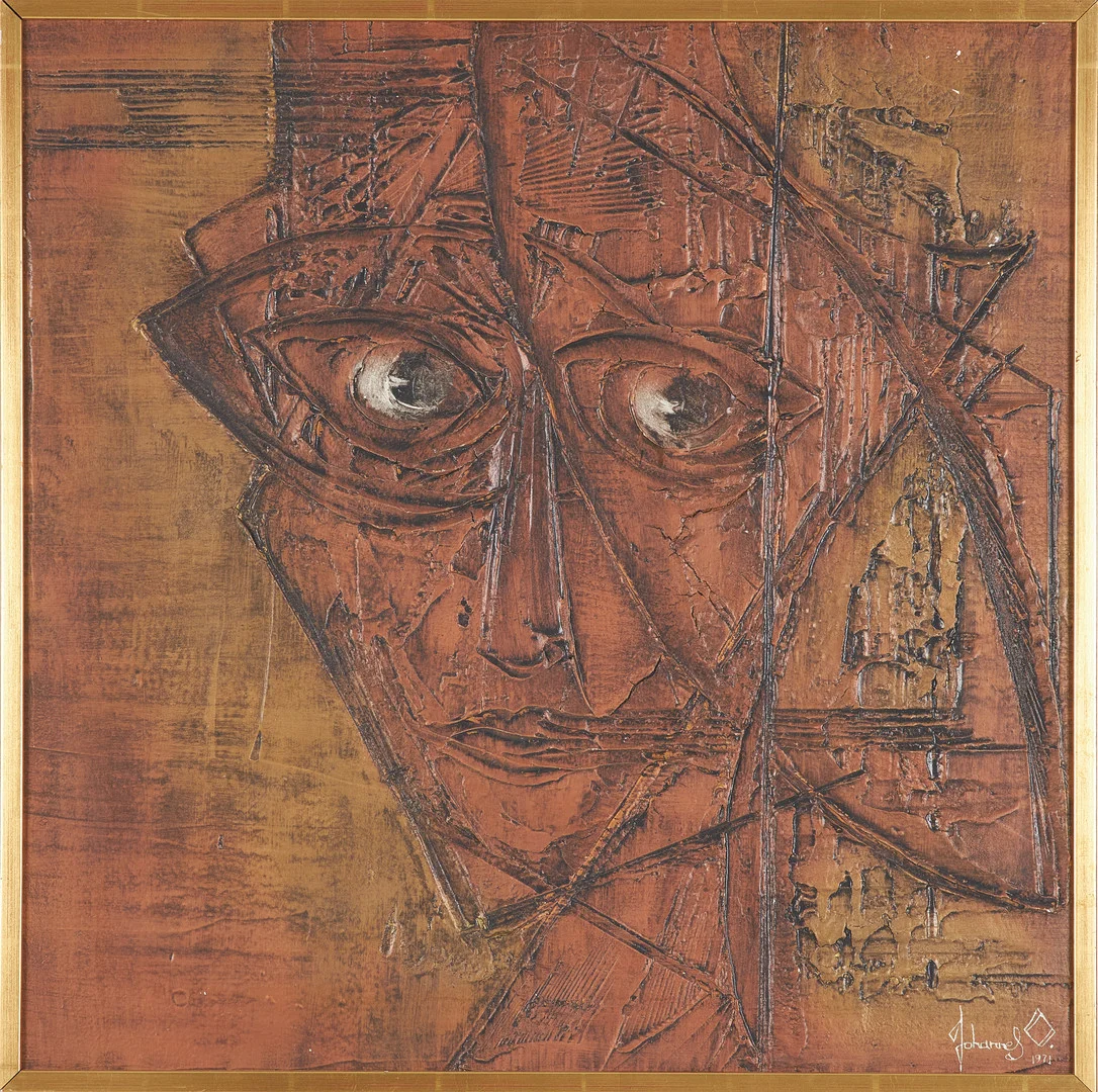 JOHANNES OLSSON. Olja på pannå, komposition med ansikte, signerad samt daterad 1971. — Paintings — Stockholms Auktionsverk Sickla
