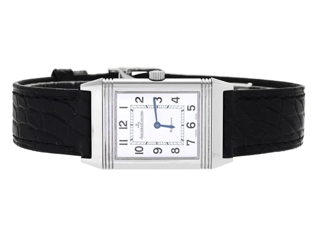 JAEGER-LE COULTRE, Reverso Classique, Cal 846, Serie nr. 2217253, Ref nr. Q2508410, Boett nr. 252.8.86, herrur, 23 x 33 (38,5) mm, stål, manuell, safirglas, läderband, viklås, ca 2005, box (skadad), ytterkartong (skadad). — Klockor/Jaeger-Le Coultre — Kaplans