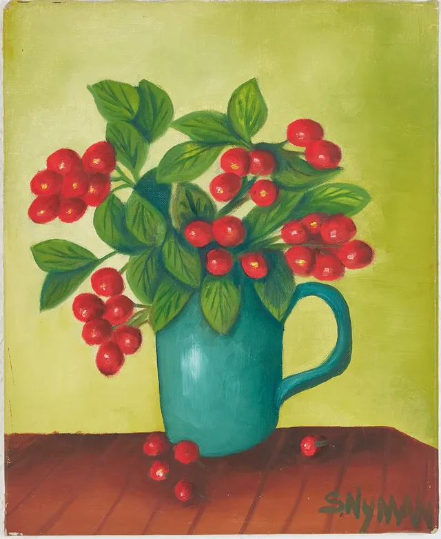SVEA NYMAN. (Sverige, 1902-1986), Lingon ris i tillbringare, signerad ,olja på duk.