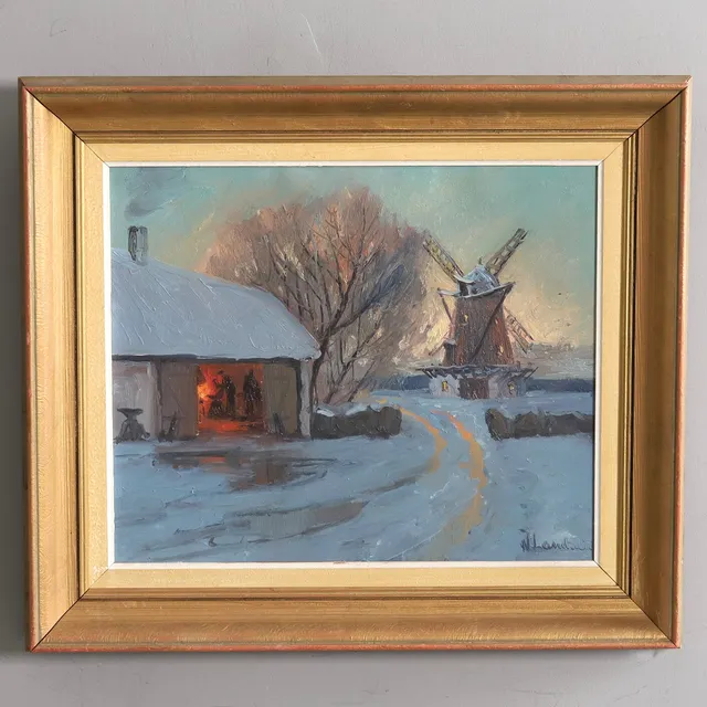NILS LANDZELIUS. Olja på duk, "Smedja i vinterskrud", signerad.