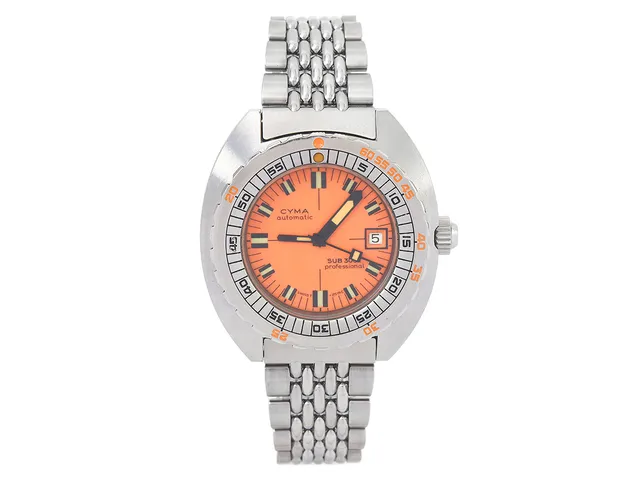 CYMA, SUB 300T Professional (SwissT <25mc), Cal Cyma 118 Synchron, Serie nr. 6753695, Boett nr. 11899-4, herrur, 43 mm, stål, automatisk, mineralglas, datum, boett signerad "Synchron S.A.", originallänk, viklås (fjädrande), Ref nr. 7720-10, ca 1969.