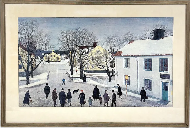 REINHOLD LJUNGGREN. Offsettryck, "Trosa torg", signerad samt daterad 42 i trycket.
