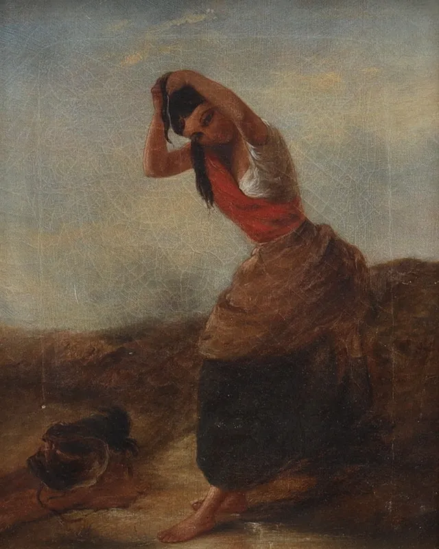 OKÄND KONSTNÄR. olja på duk, motiv av ung kvinna, 1800-tal.
