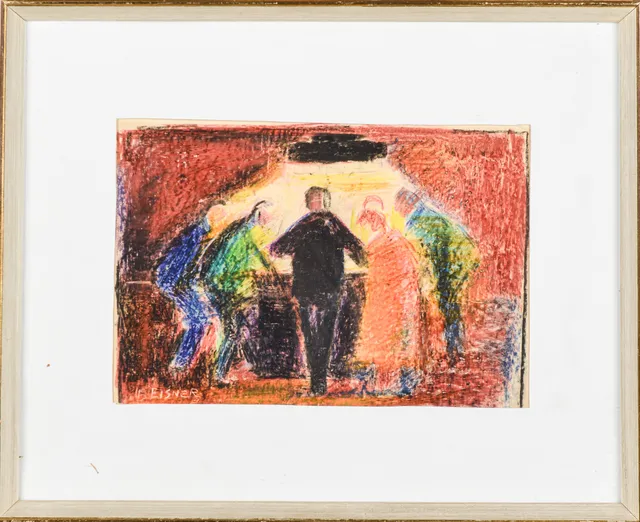 Ib Eisner. Scene with people around a table. Oil pastel on paper