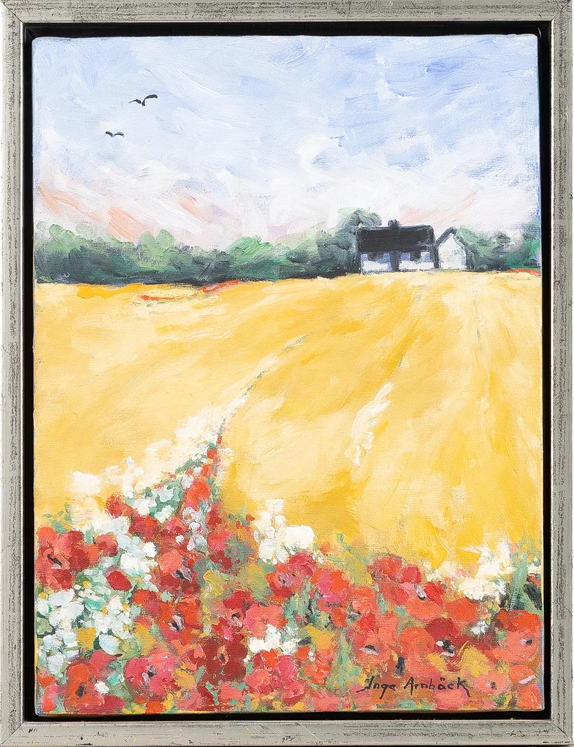 INGA ARNBÄCK. Skånskt landskap med vallmo, olja på duk. — Paintings — Stockholms Auktionsverk Helsingborg